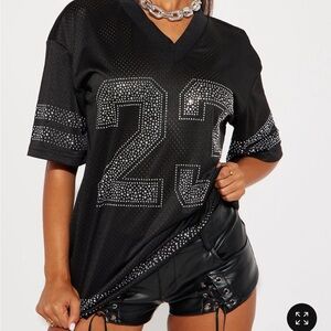 Fashion Nova Black Rhinestone '23 V-Neck Mesh Jersey